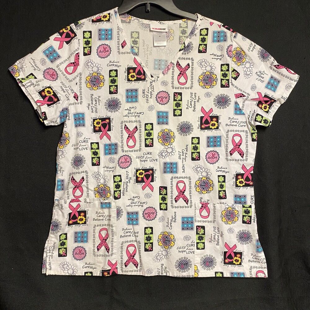 Scrubstar Womens Scrub Top Size M Short Sleeve V-Neck Pockets Pink Ribbon Cure